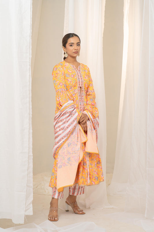 Yellow Floral Printed Anarkali Suit with Exquisite Border - Pant and Dupatta Included
