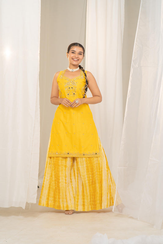 Vibrant Khatta-Nimbu Raw Silk Kurta with Embroidered Neck and Crushed Palazzo