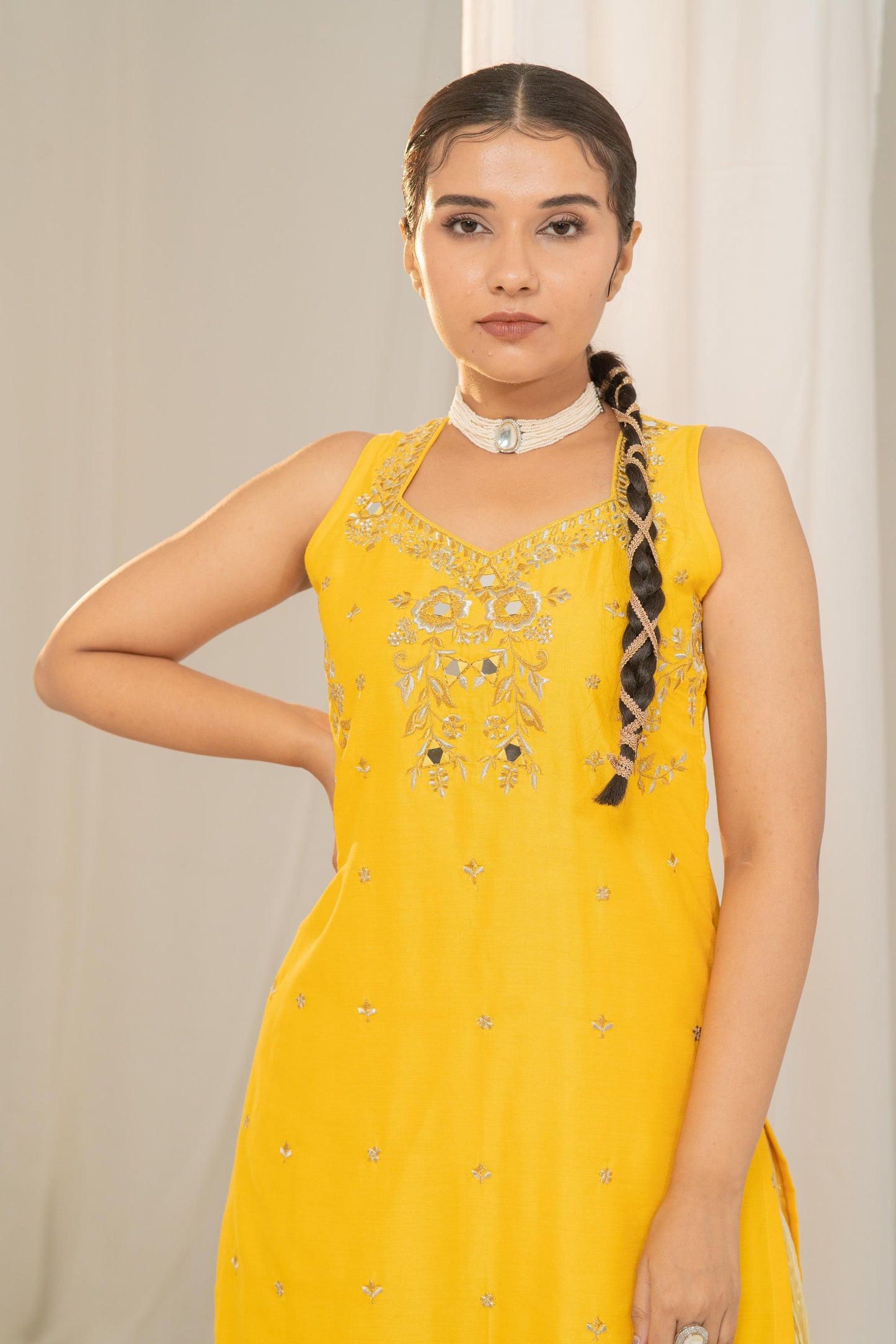 Vibrant Khatta-Nimbu Raw Silk Kurta with Embroidered Neck and Crushed Palazzo