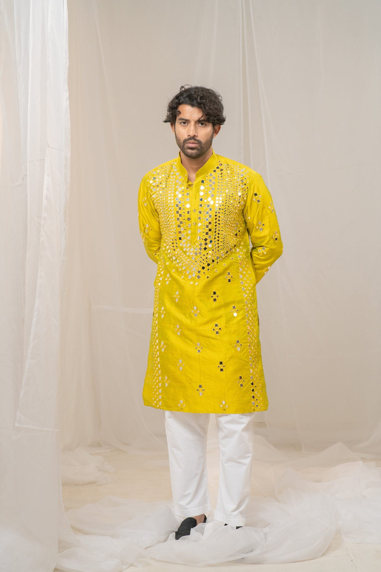 Green Raw Silk Mirror Kurta