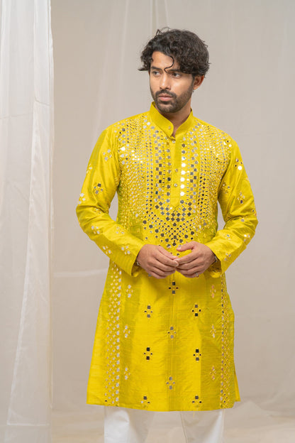 Green Raw Silk Mirror Kurta