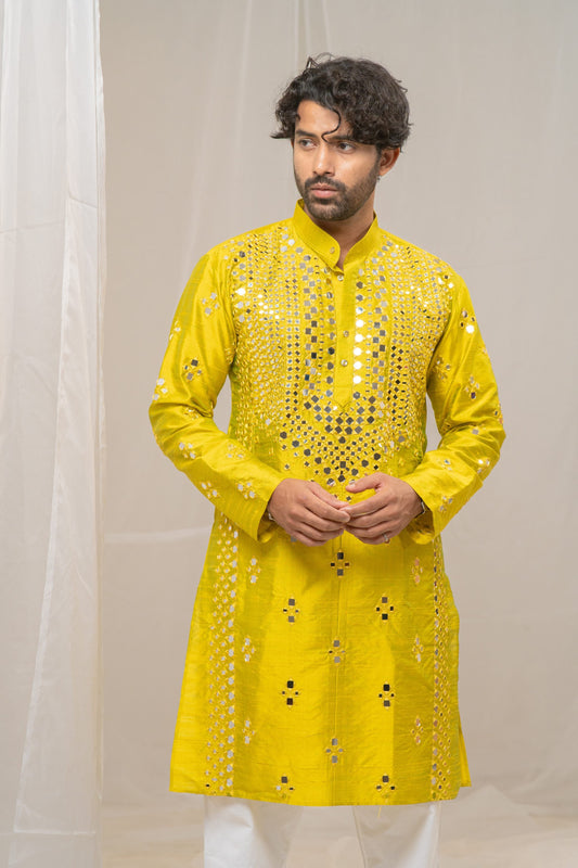 Green Raw Silk Mirror Kurta