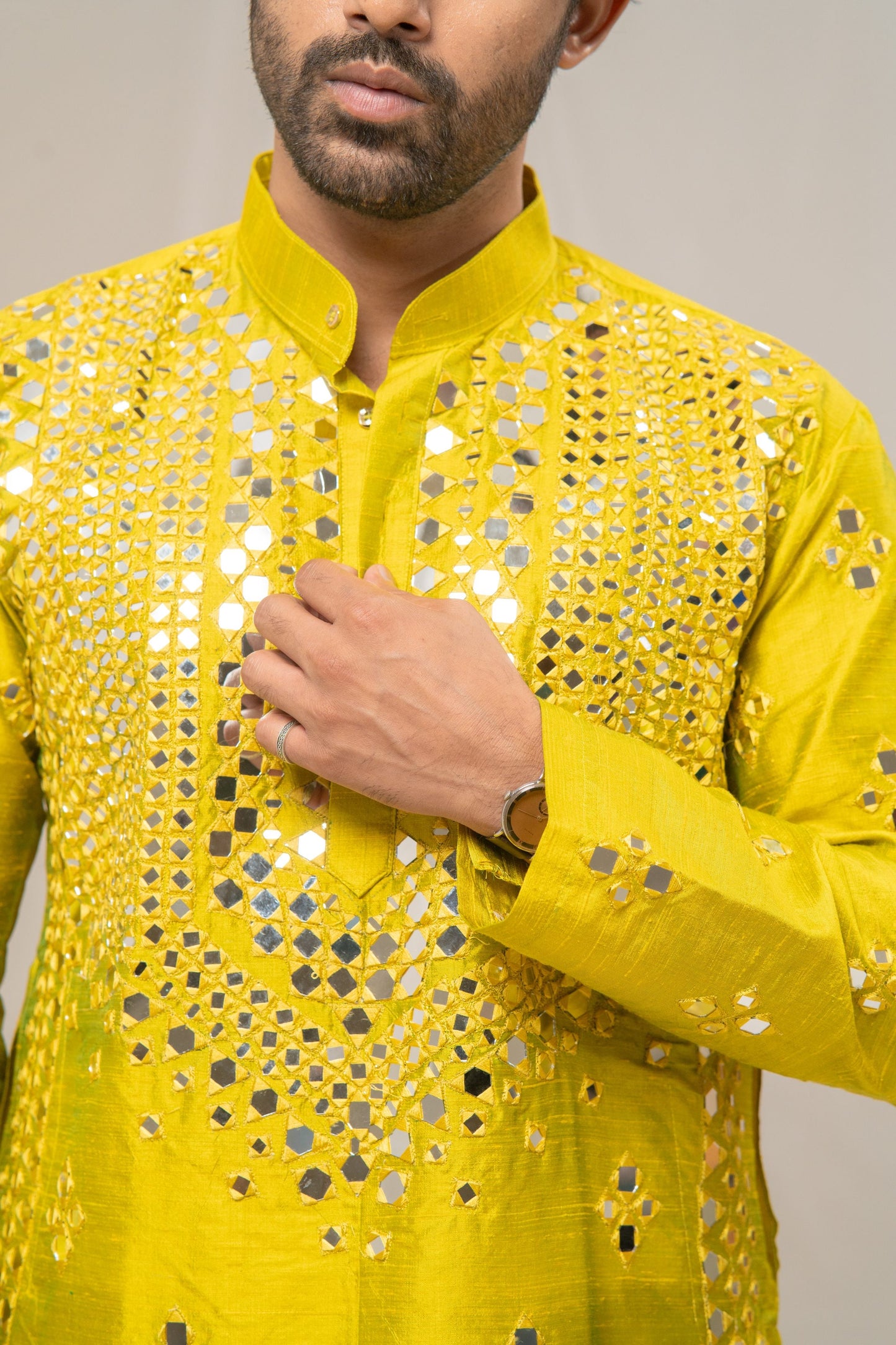 Green Raw Silk Mirror Kurta