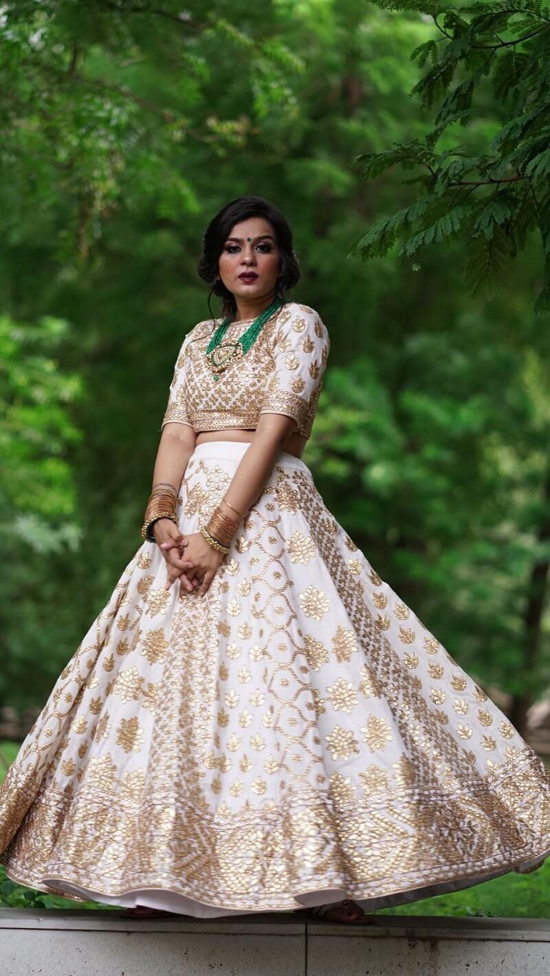 White Gotta Lehenga And Golden Dupatta. - Kzari - The Design Studio