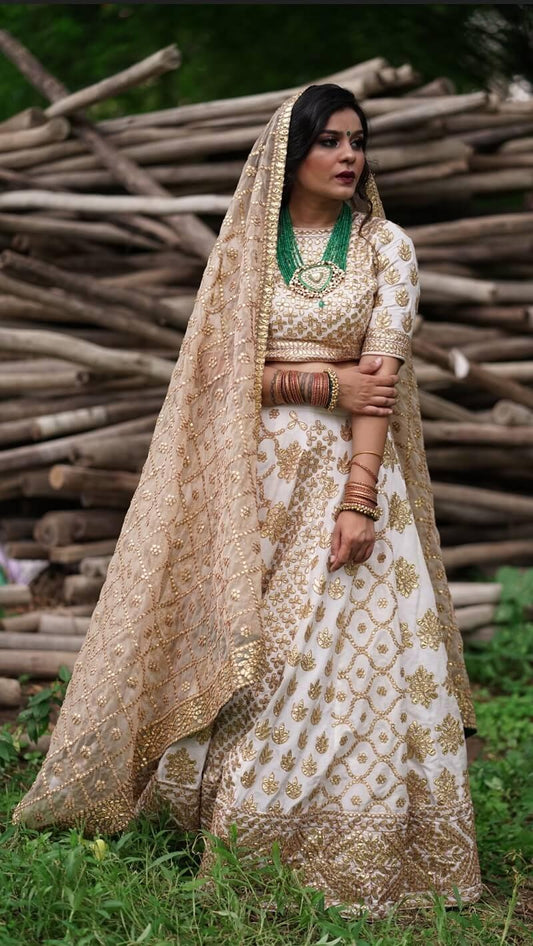 White Gotta Lehenga And Golden Dupatta. - Kzari - The Design Studio