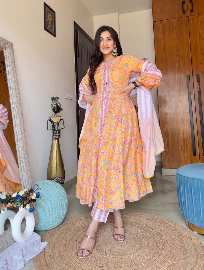 Floral Printed Muslin Cotton Anarkali Suit with Pants and Dupatta